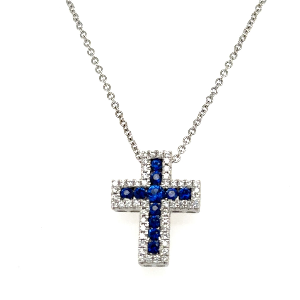 Blue sapphire And Diamond Cross Pendant Necklace