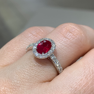 Oval Ruby Halo Ring with Diamonds 1.00 ctw