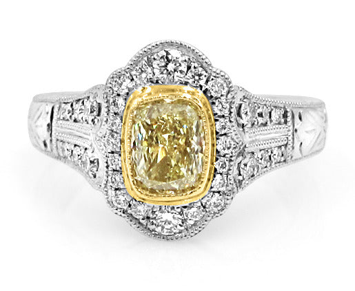 Henri Daussi Fancy Yellow  Cushion Center GIA Certified 0.70ct Pave 0.37ct Ring