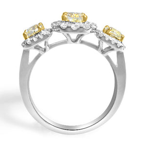 2.04CT TW  Three Stone Fancy Yellow Diamond Halo Ring