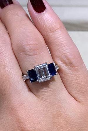 2.01ct Emerald Cut Diamond & Sapphire Platinum Ring - HANIKEN JEWELERS NEW-YORK