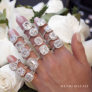 Henri Daussi Signed GIA Certified 3.05ct tw Three Stone Cushion Cut Diamond Engagement Anniversary Ring