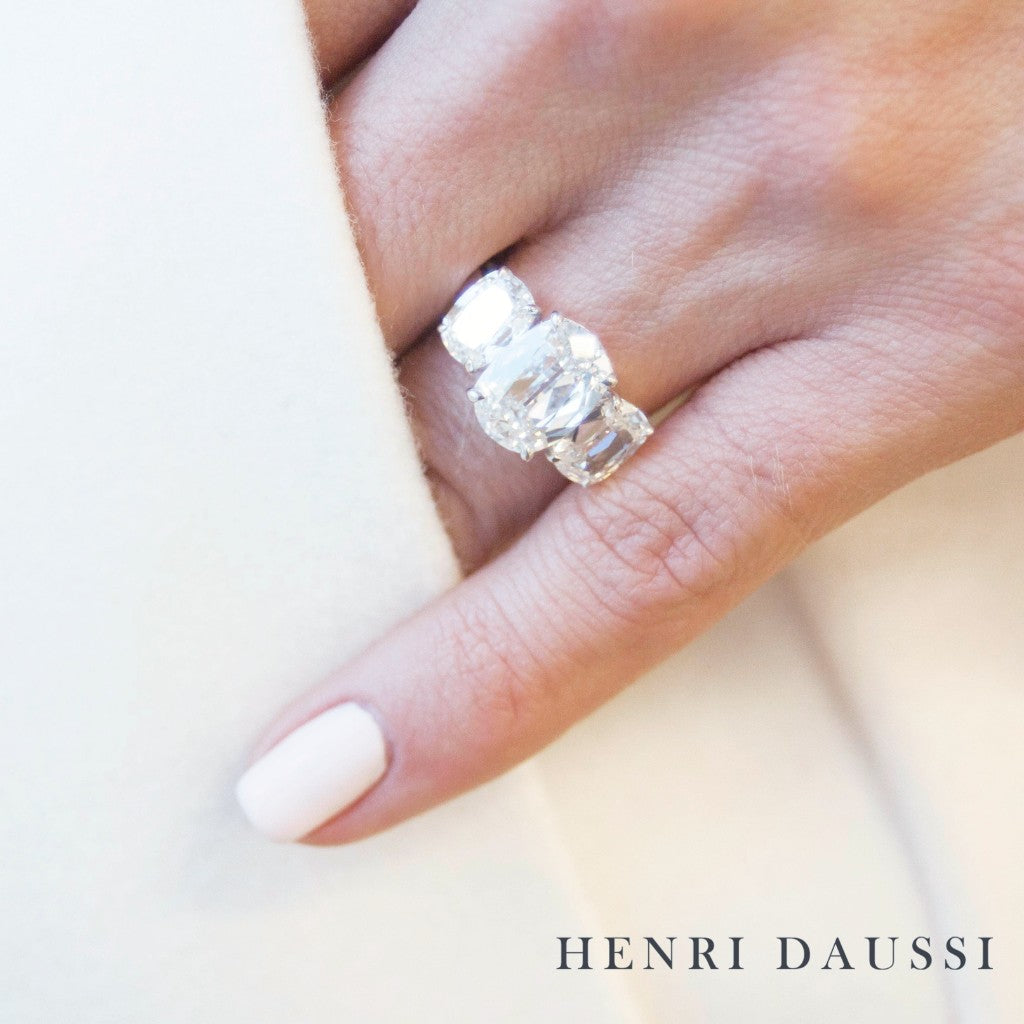 Classic Trilogy Henri Daussi Engagement Ring Features 3 Cushion Cut Diamonds - HANIKEN JEWELERS NEW-YORK
