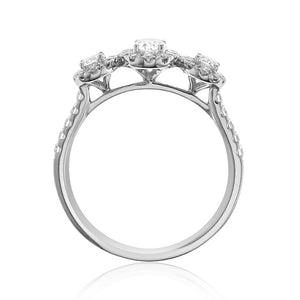 Oval Three Stone With Halo 1.62ct t.w. Ring