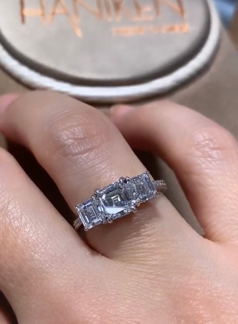 Asscher Cut Three Stone Diamond Ring – HANIKEN JEWELERS NEW