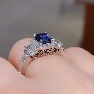Sapphire Ring, Emerald cut blue sapphire, Diamond, 3 stone, cocktail ring, gia