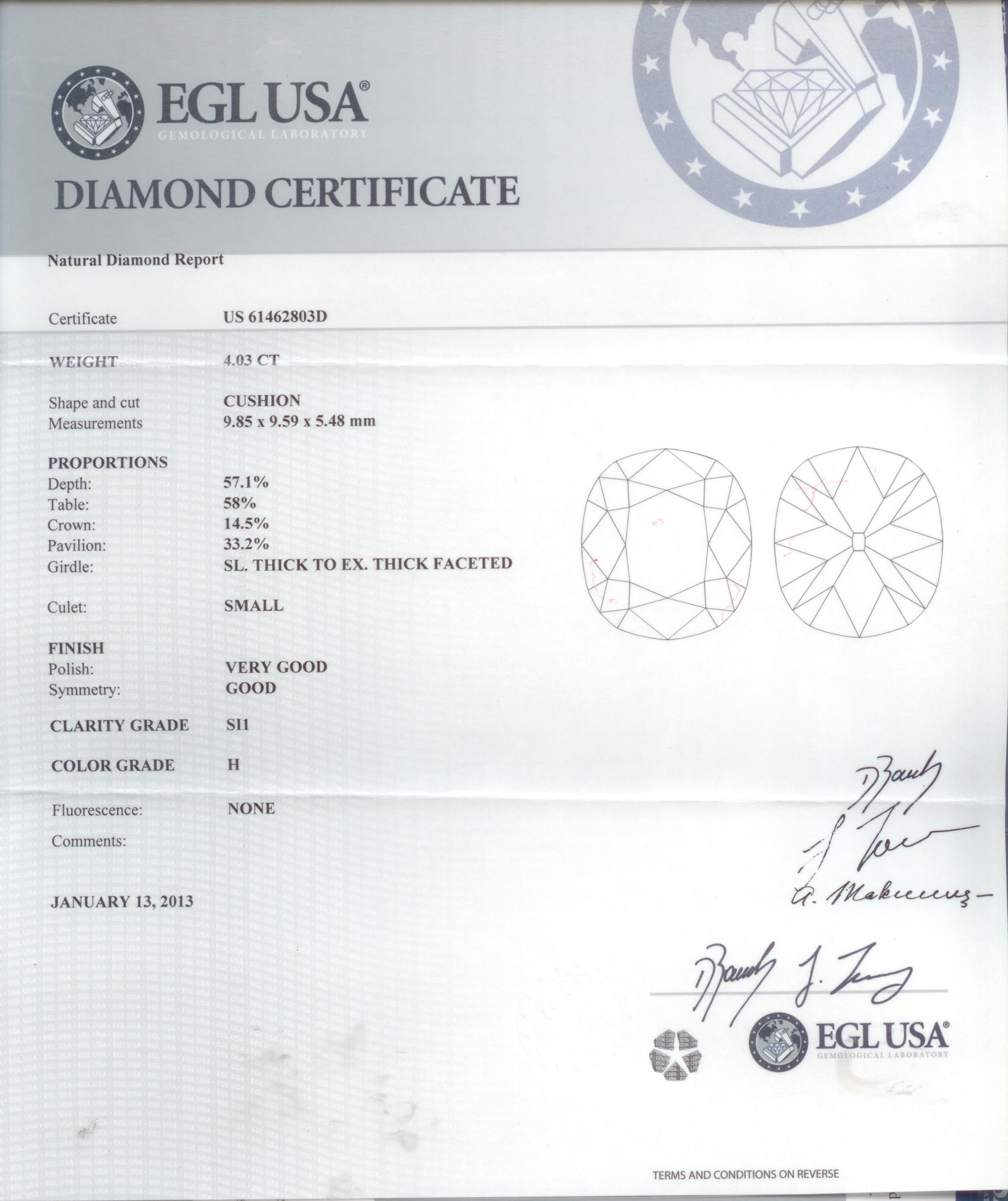 Henri Daussi Platinum Certified Diamond Engagement Ring With Cushion 4.97ct tw