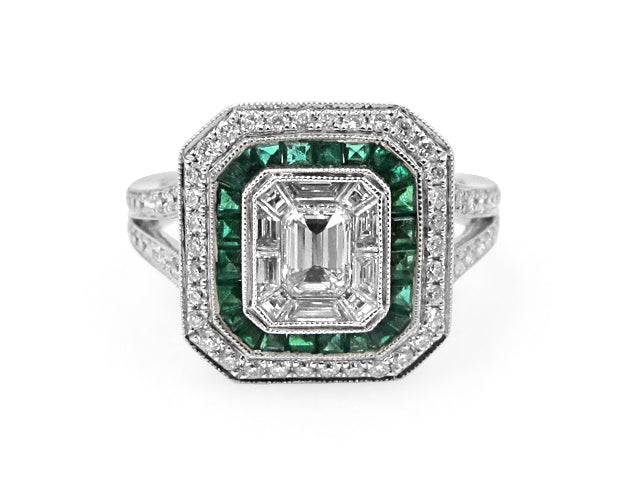 Diamond and Green Emerald Octagon Shape Ring