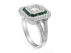 Diamond and Green Emerald Octagon Shape Ring