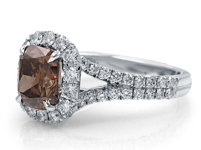 Henri Daussi 2.19ct  Fancy Dark Orange Brown Cushion Cut Halo  Diamond Engagement Ring