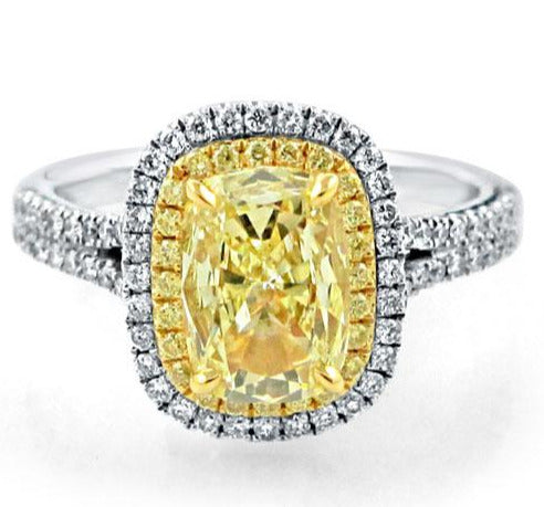 1.33ct Fancy Yellow Double Halo Pave Henri Daussi Engagement Ring