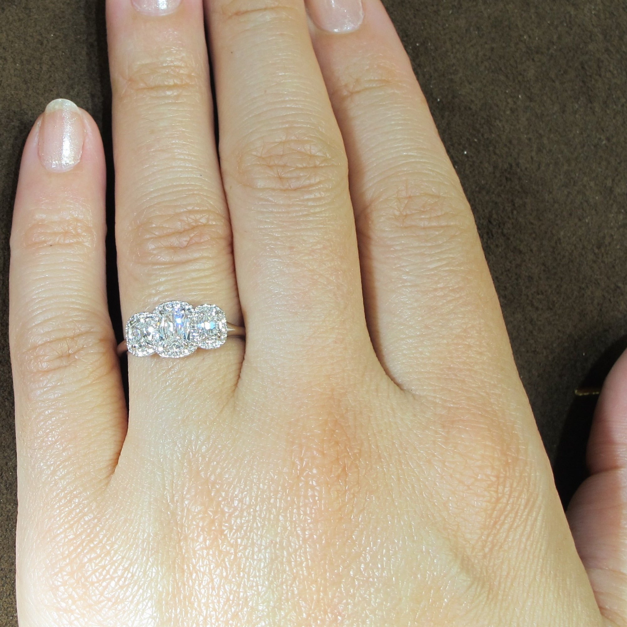 Henri Daussi Signed 0.66ctw Three Stone Cushion Cut Diamond Engagement Ring