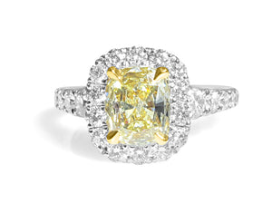 Henri Daussi Engagement Ring Fancy Yellow  Cushion  Center 1.10ct  GIA Certified Pave 1.11ct
