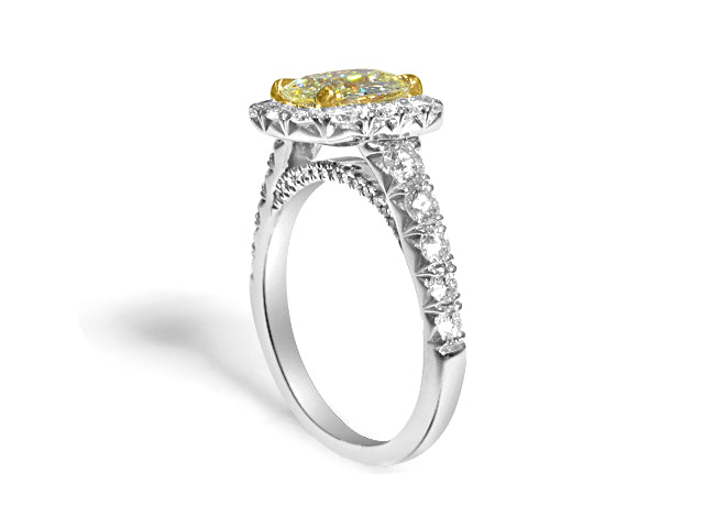 Henri Daussi Engagement Ring Fancy Yellow  Cushion  Center 1.10ct  GIA Certified Pave 1.11ct