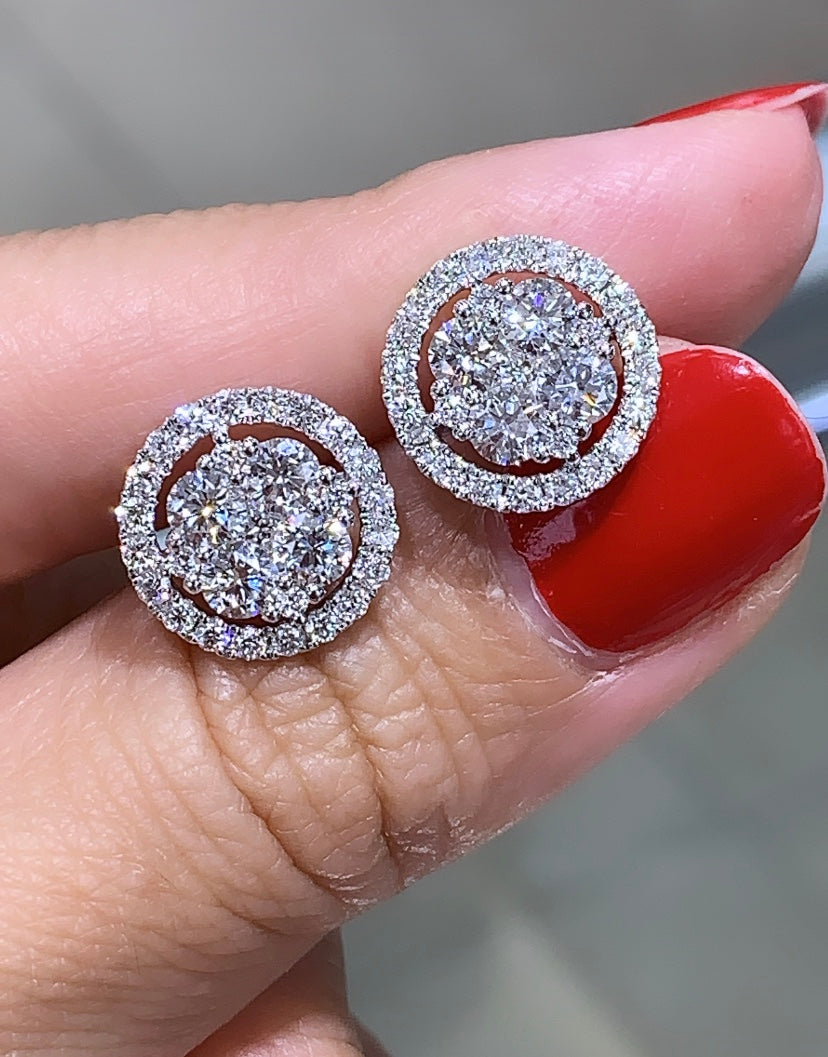 18K White Gold Double Halo Oval Diamond Earrings