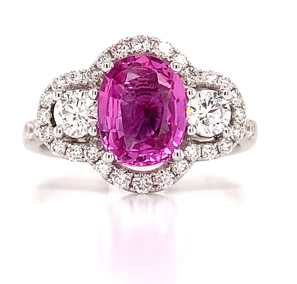 2.09ct Pink Sapphire Three Stone and Diamond Ring