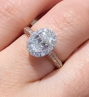 1.02ct Oval Shape Diamond Halo White & Pink Pave Diamonds Engagement Ring