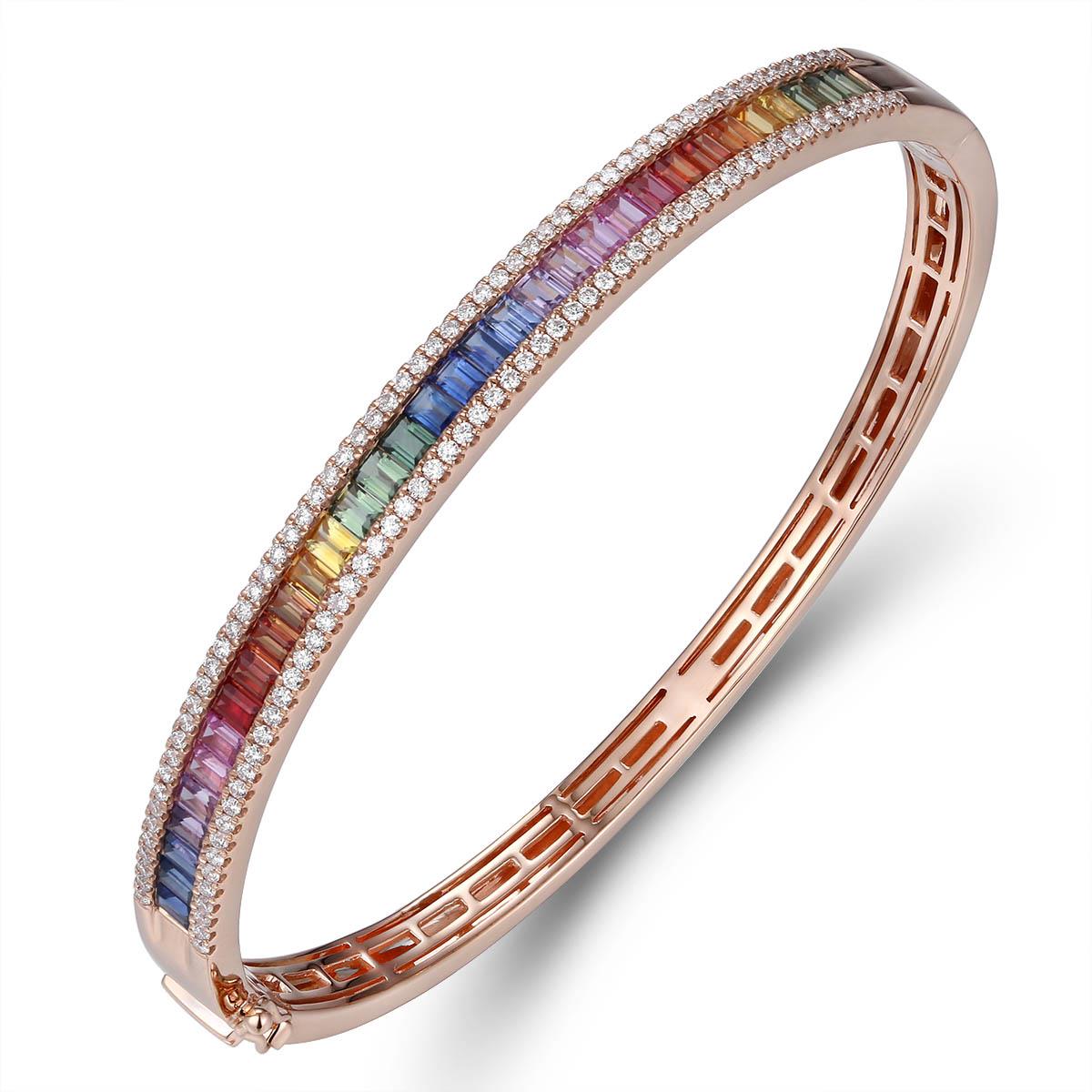 Fancy Color Rainbow Sapphire Diamond Rose Gold Bangle Bracelet