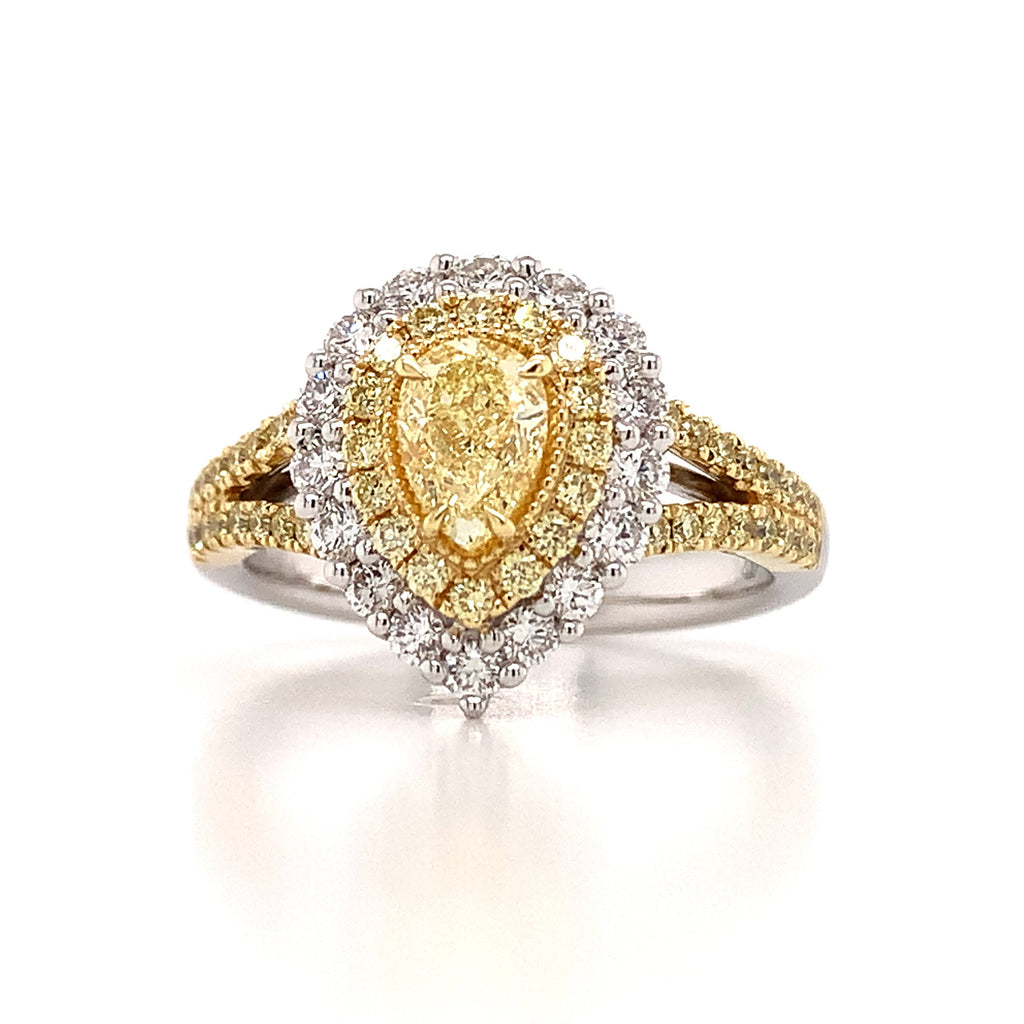 1.35ct tw Pear Shape Fancy Yellow Center with Halo Split Shank Diamond Ring