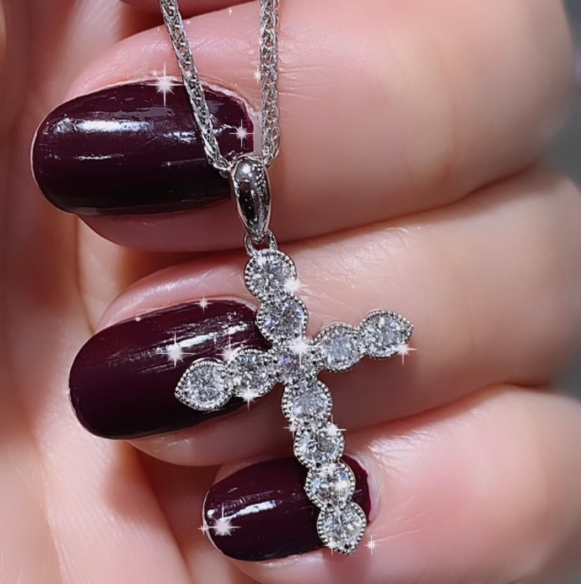 Diamond Cross With Milgrain Edging Pendant Necklace