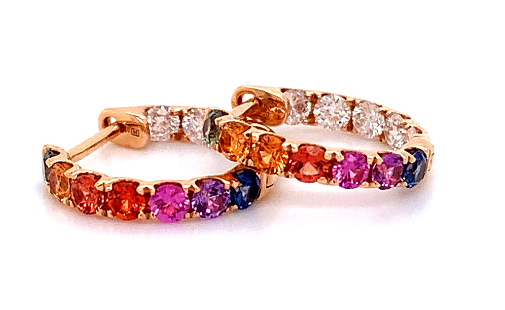 Rainbow Sapphire & Diamond Rose Gold Huggie - HANIKEN JEWELERS NEW-YORK
