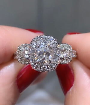 Henri Daussi Cushion Cut Three Stone Dimond Engagement Ring - HANIKEN JEWELERS NEW-YORK