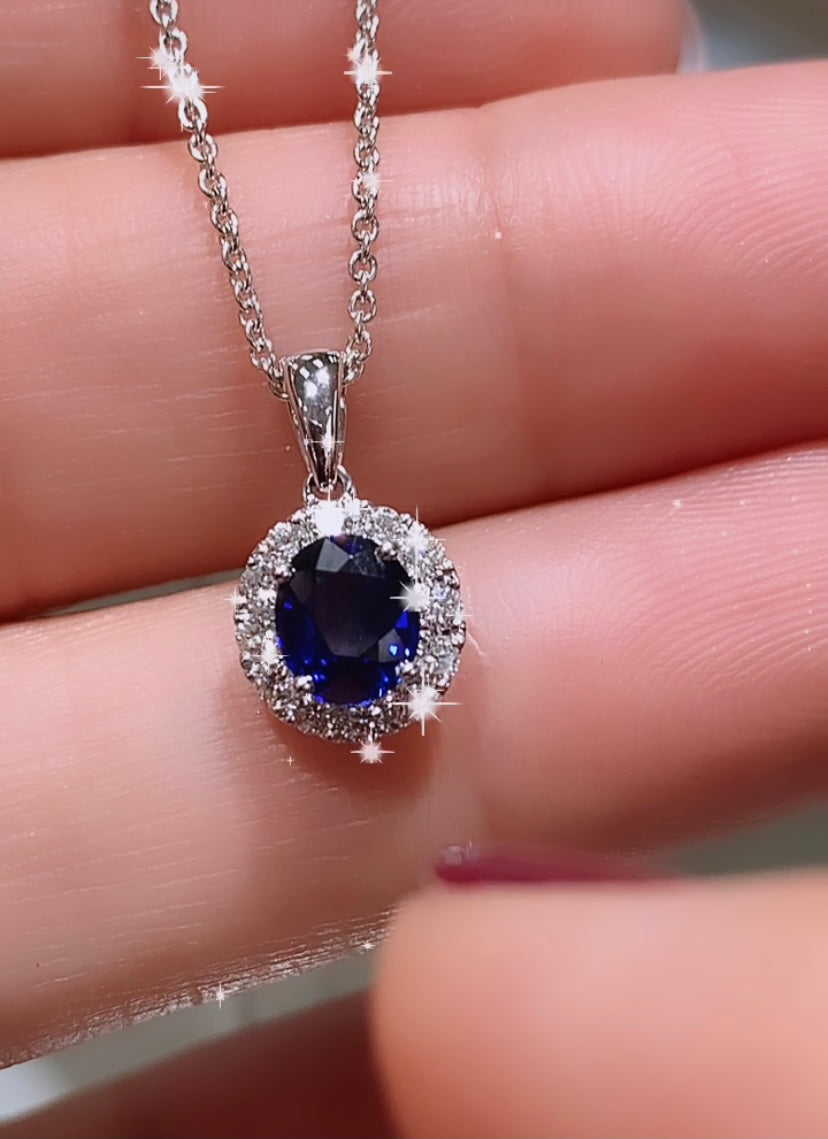 Ladies Blue Sapphire Diamond Pendant Necklace
