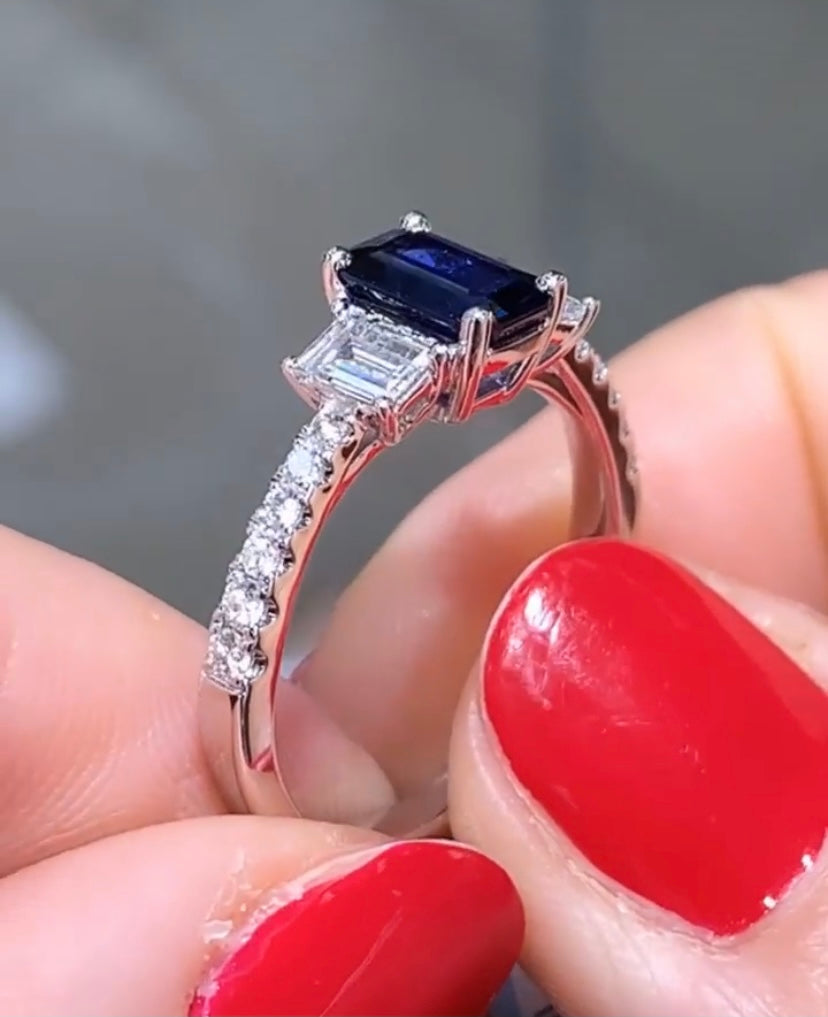 1.03ct Sapphire Emerald Cut Diamond Ring