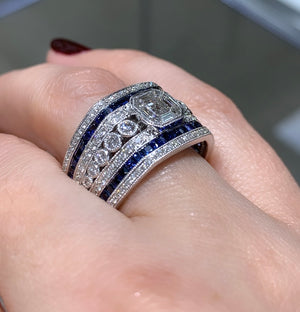 Ladies Blue Sapphire & Diamond Art-Deco Style Octagon Cocktail Right Hand Ring