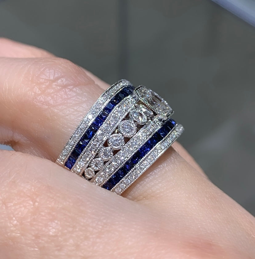 Ladies Blue Sapphire & Diamond Art-Deco Style Octagon Cocktail Right Hand Ring