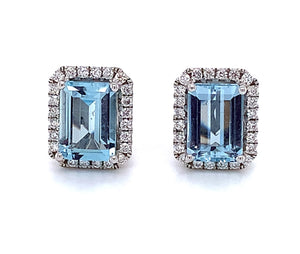 Emerald cut Aquamarine and Diamond Stud Earrings