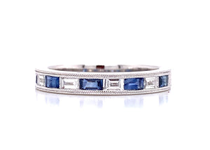 Blue Sapphire & Diamond East-West Mounted Baguette Ring