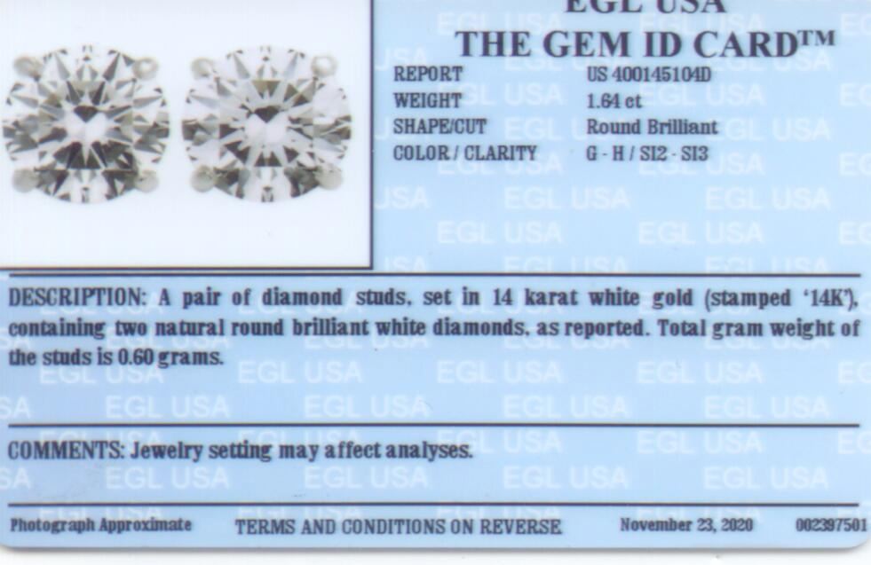 Diamond Stud Certified Earrings 1.64cts