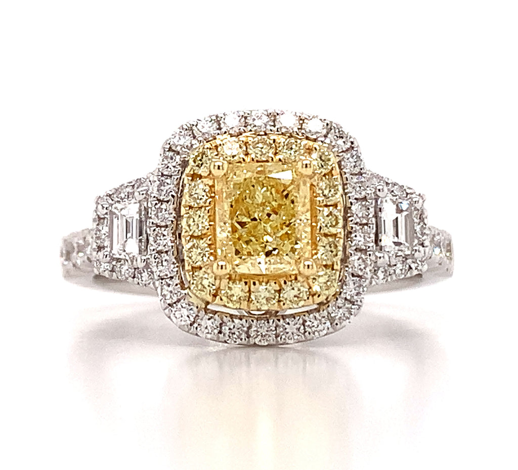 Canary Fancy Yellow Cushion Cut Halo Ring Three Stone