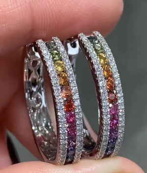 Rainbow Sapphire & Diamond White Gold Hoop Earrings