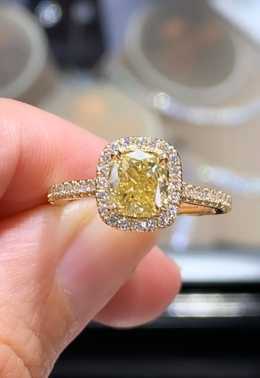 GIA Certified Henri Daussi Fancy Yellow Cushion Cut 1.08ct t.w. Halo Engagement Ring