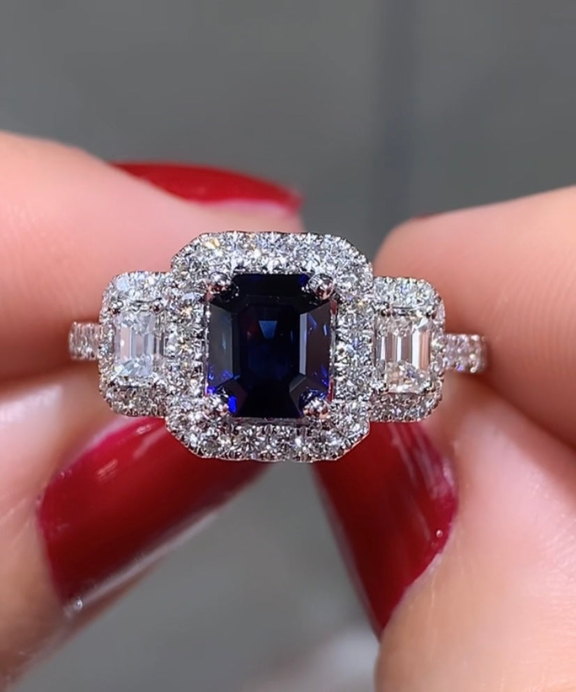 1.37ct tw Sapphire Emerald Cut Diamond Ring