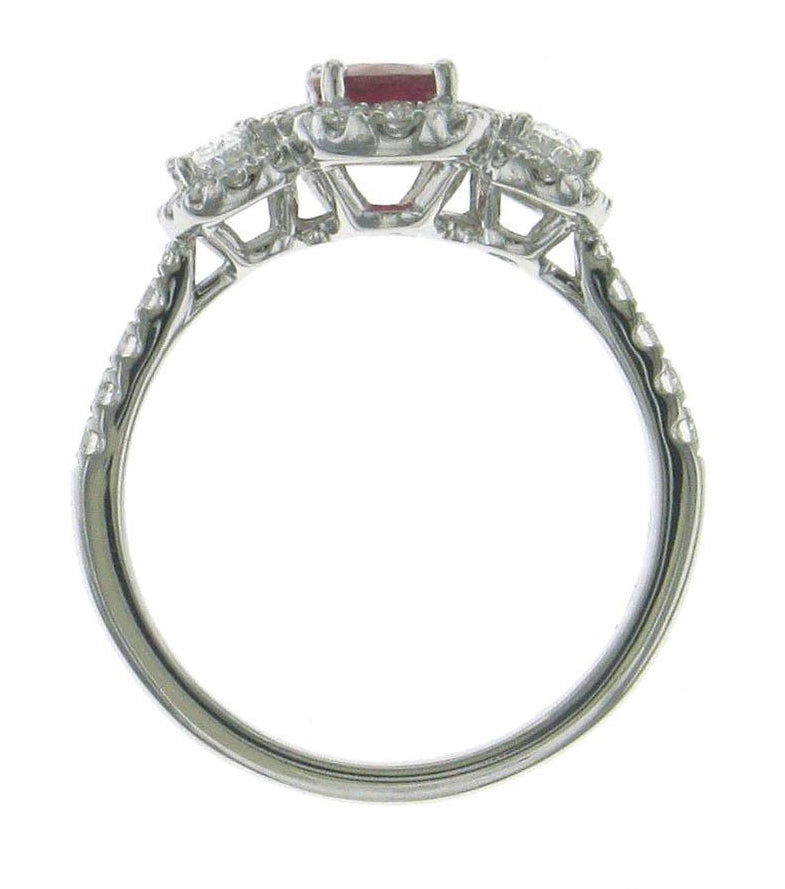 Three Stone Oval Ruby Center Halo Ring with Diamonds