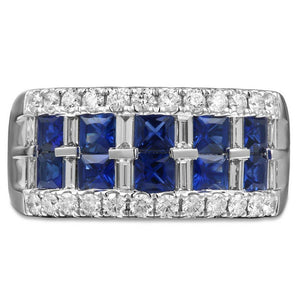 Five Stone Princess Cut Double Row Blue Sapphire & Diamond Ring