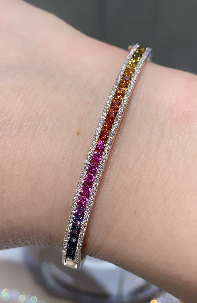 Fancy Color Rainbow Sapphire & Diamond Rose Gold Bangle Bracelet