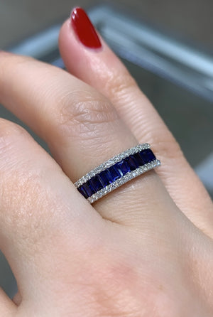 Diamond and Baguette-cut Blue Sapphire Band Ring