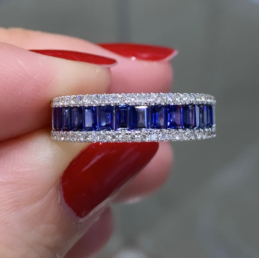 Diamond and Baguette-cut Blue Sapphire Band