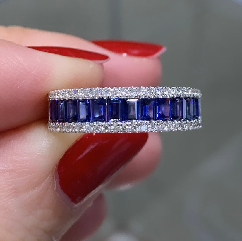 Diamond and Baguette-cut Blue Sapphire Band Ring – HANIKEN