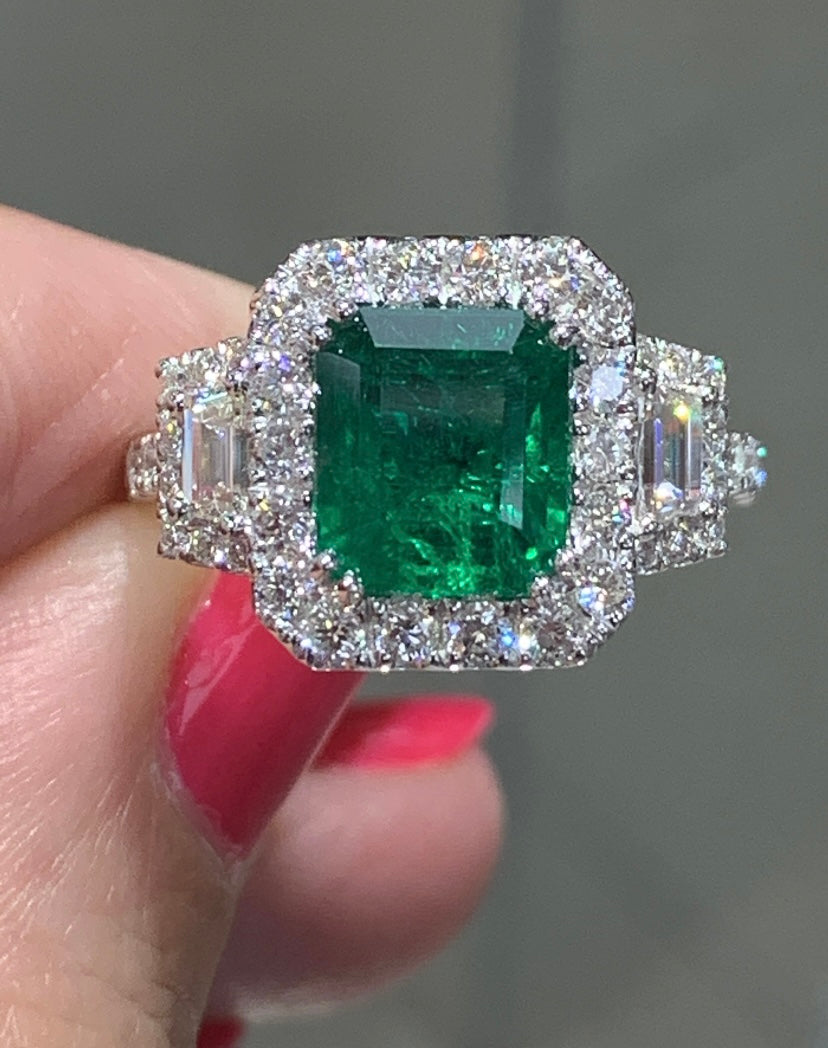GRS Certified Ladies Statement 2.50ct Zambian Emerald - Cut Emerald & Diamond Ring