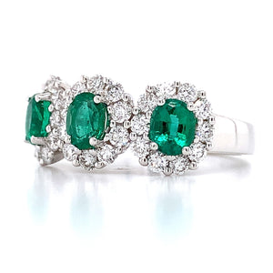 Three Stone Oval Emerald 1.19ct tw with 0.84ct tw Halo Diamonds