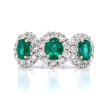 Three Stone Oval Emerald 1.19ct tw with 0.84ct tw Halo Diamonds