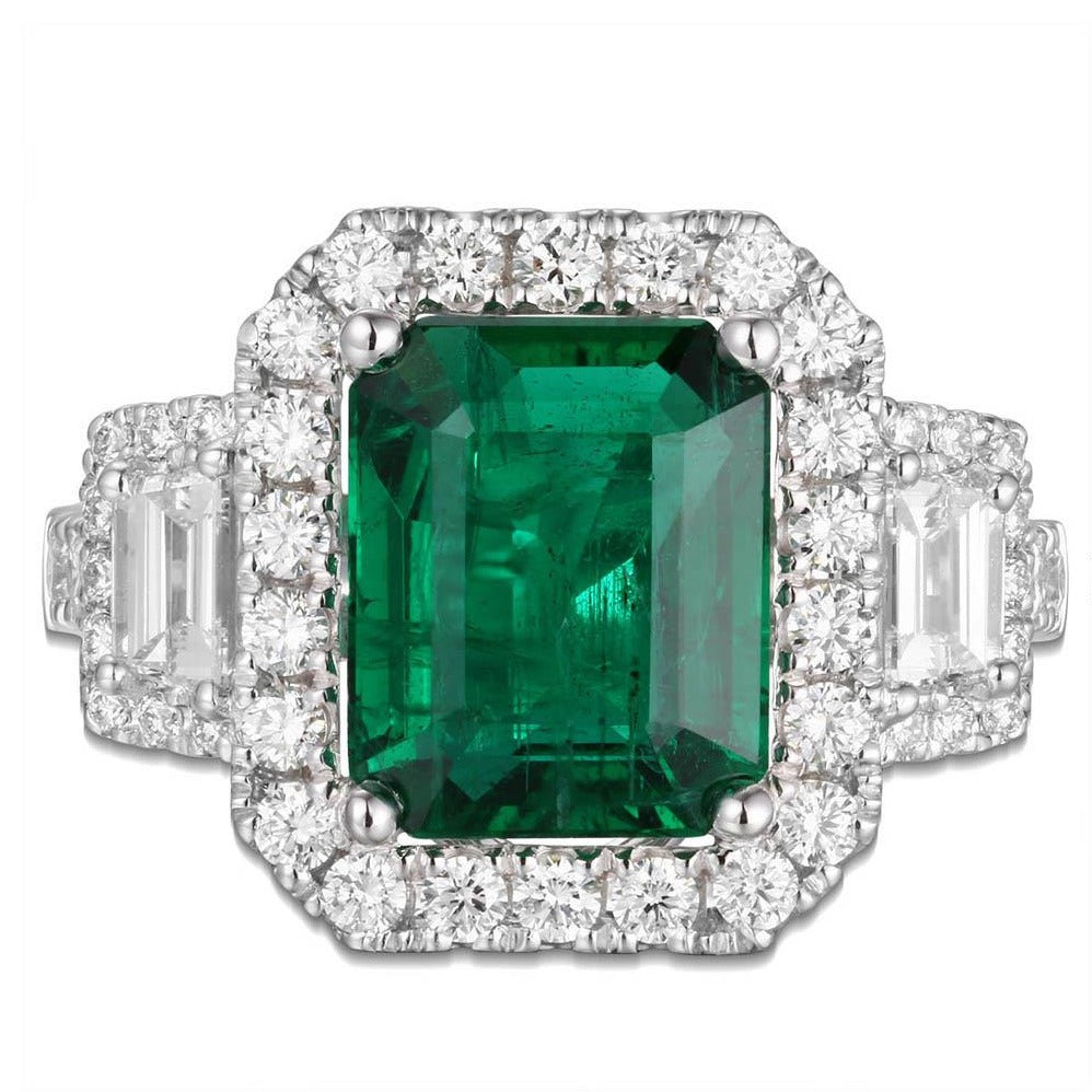 GRS Certified Ladies Statement 3.38ct Zambian Emerald - Cut Emerald & Diamond Ring