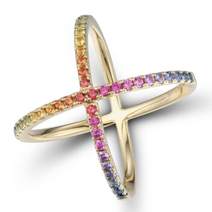 Criss-Cross Rainbow Sapphire Yellow Gold Ring