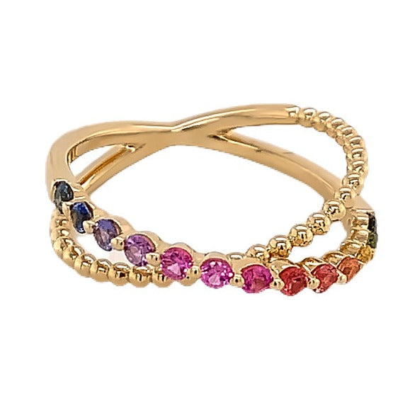 Criss-Cross X Rainbow Sapphire Beaded Gold Fancy Ring