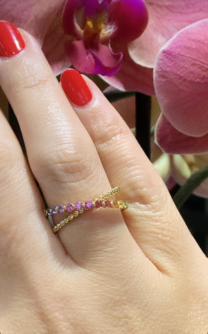 Criss-Cross X Rainbow Sapphire Beaded Gold Fancy Ring